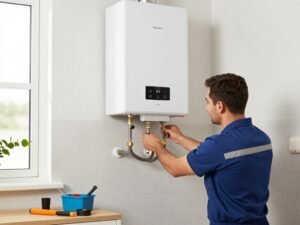 معلم سباك يقوم بتركيب سخان مياه مركزي في منزل بالكويت