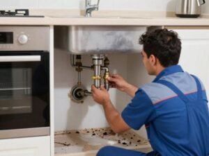 معلم سباك يقوم بتركيب وصيانة مطبخ في الكويت