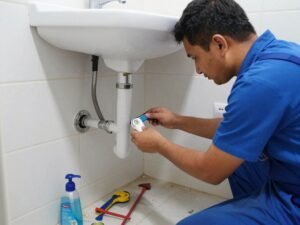 معلم سباك يقوم بصيانة وتجديد حمام في الكويت