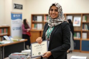 معلم صحي يحمل شهادة تخرج في مجال الصحة العامة ويظهر في بيئة أكاديمية