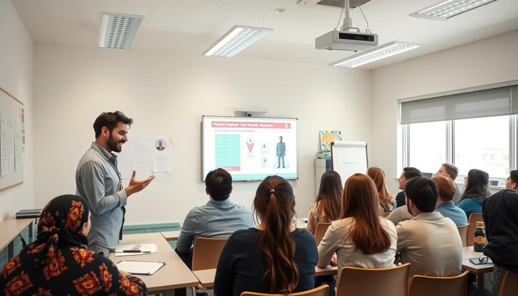 معلم صحي يقدم محاضرة توعوية لمجموعة من الطلاب حول أساسيات الصحة العامة