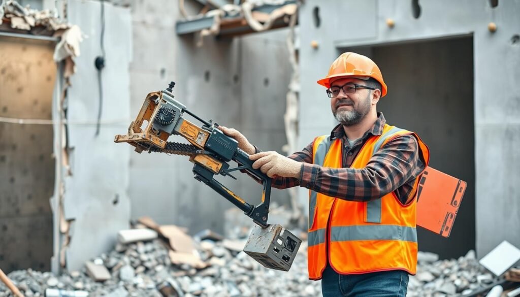 مقاول تكسير محترف يستخدم معدات حديثة في موقع عمل