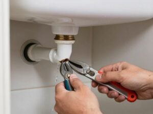 تسرب مياه من أنبوب تحت الحوض يتم إصلاحه بواسطة سباك صحي