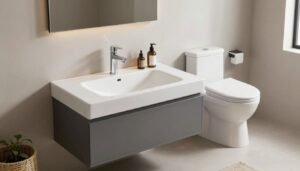 حمام بتصميم عصري يظهر تناسق الأدوات الصحية مع الديكور العام حمام بتصميم عصري يظهر تناسق الأدوات الصحية مع الديكور العام