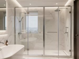 حوض استحمام فاخر وكابينة دش حديثة في حمام عصري حوض استحمام فاخر وكابينة دش حديثة في حمام عصري