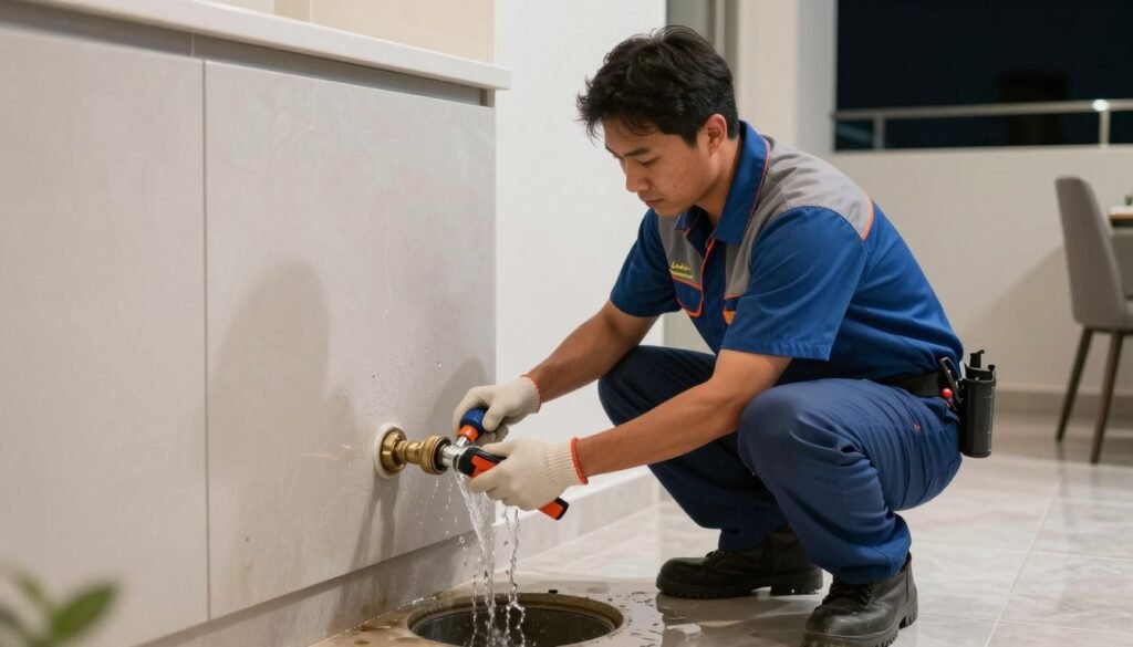 سباك 24 ساعة الكويت يقوم بإصلاح تسرب مياه طارئ