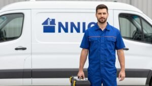 سباك صحي محترف يرتدي زي العمل ويحمل أدوات السباكة