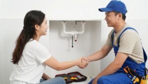 سباك صحي محترف يقدم خدمة عالية الجودة لعميل راضٍ