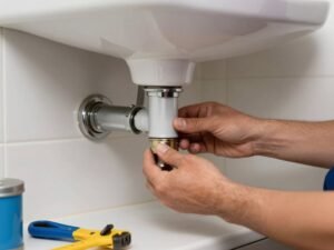 سباك صحي يقوم بتركيب حوض حمام جديد