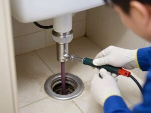 سباك صحي يقوم بتسليك مجاري مسدودة باستخدام معدات متخصصة