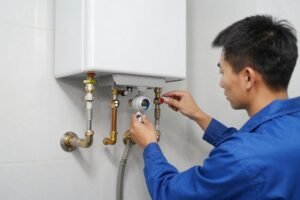 سباك صحي يقوم بصيانة سخان مياه منزلي