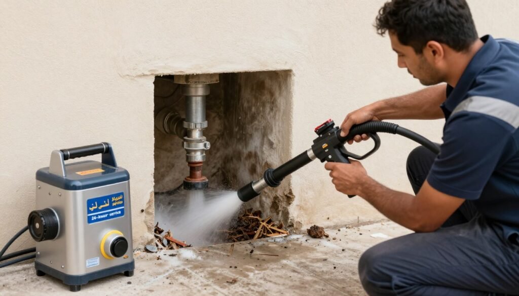 سباك يقوم بتسليك مجاري باستخدام أحدث المعدات