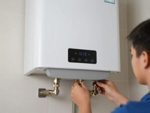 سخان مركزي حديث مثبت في منزل كويتي مع توصيلات الأنابيب الظاهرة