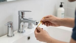 صاحب منزل يقوم بفحص صنبور المياه كجزء من الصيانة الوقائية