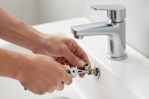 صنبور مياه يتم استبداله بواسطة سباك صحي