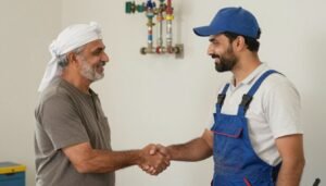 عميل راضٍ يشكر معلم سباك بالكويت بعد إنجاز العمل عميل راضٍ يشكر معلم سباك بالكويت بعد إنجاز العمل