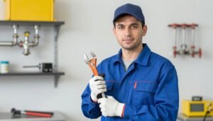 فني صحي محترف يرتدي زي العمل ويحمل أدوات متخصصة