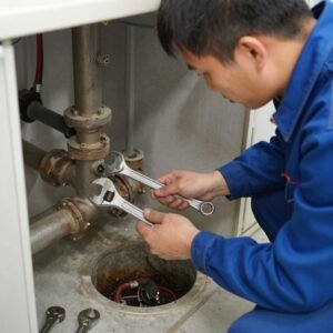 فني صحي يقوم بإصلاح تسريب مياه في أنابيب