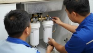 فني متخصص يقوم بتركيب فلتر مياه في منزل كويتي