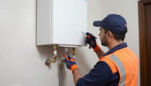 فني محترف يقوم بتركيب سخان مركزي في منزل كويتي مع الأدوات اللازمة