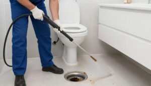 فني محترف يقوم بتسليك البالوعات والأنابيب باستخدام معدات متطورة