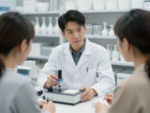 فني يفحص جودة الأدوات الصحية ويشرح الفروقات للعملاء فني يفحص جودة الأدوات الصحية ويشرح الفروقات للعملاء