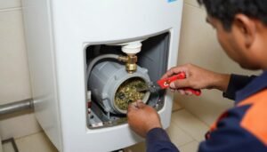 فني يقوم بصيانة دورية لسخان مركزي في الكويت مع فحص الأجزاء الداخلية