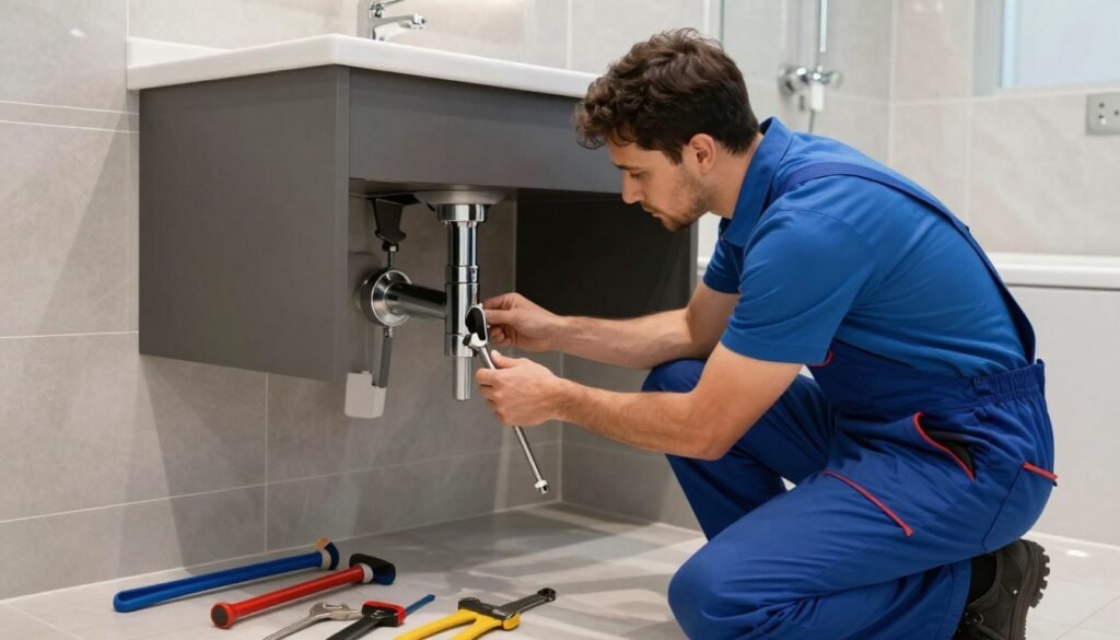 فني يقوم بصيانة وتركيب الأدوات الصحية في حمام حديث