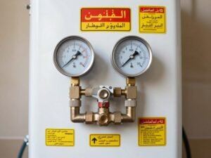 معايير السلامة في تركيب السخانات الكويت مع لوحة تحذيرية وأدوات السلامة