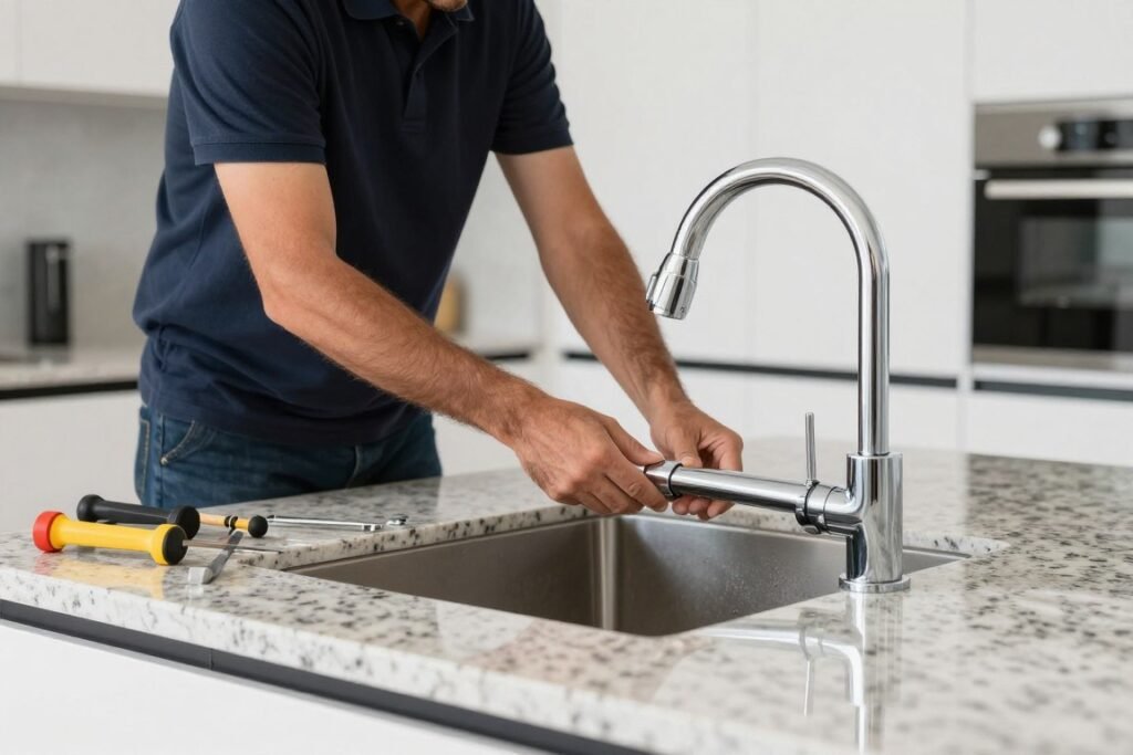 تركيب أدوات صحية حديثة في مطبخ كويتي