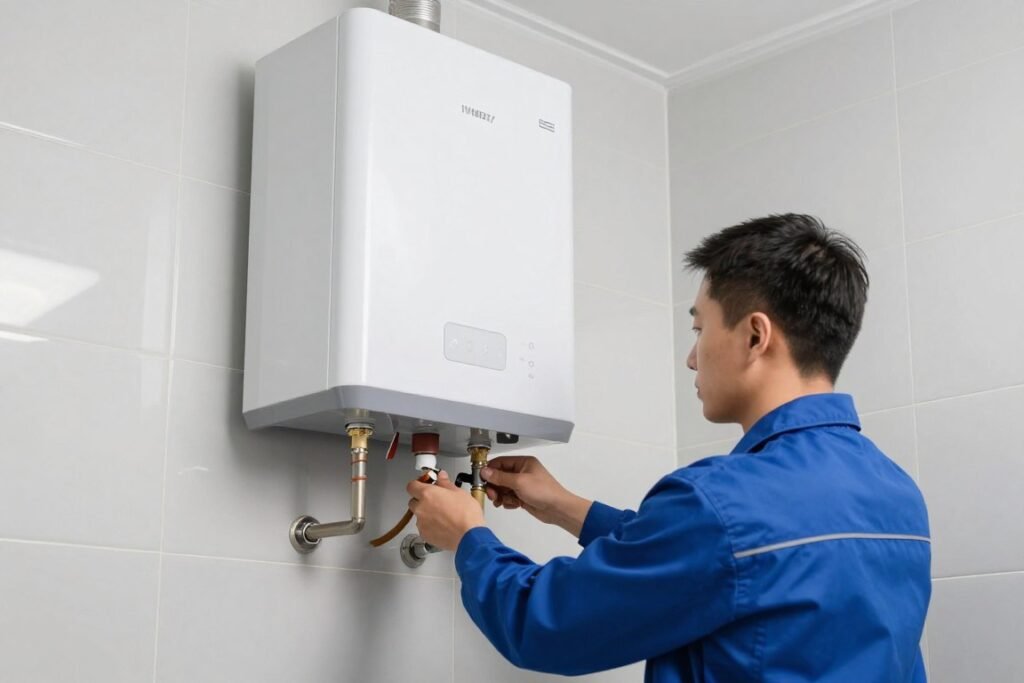 تركيب سخان مياه حديث في حمام كويتي بواسطة فني محترف