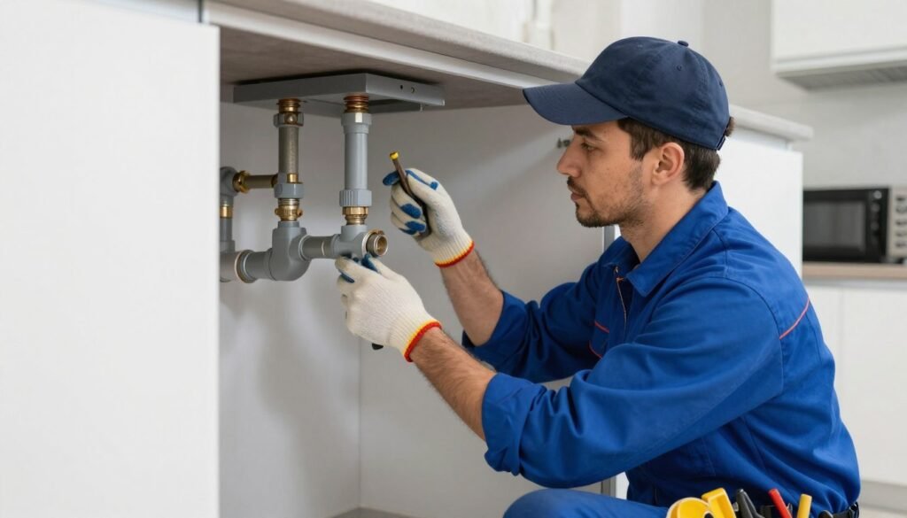 خدمات السباكة المنزلية في الكويت مع فني محترف يقوم بإصلاح الأنابيب