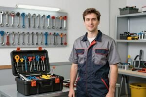 سباك صحي محترف مع أدوات العمل المتخصصة