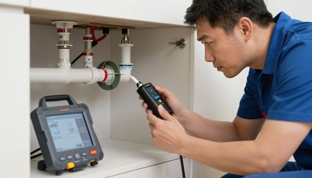 سباك محترف يفحص مشكلة سباكة معقدة في المنزل