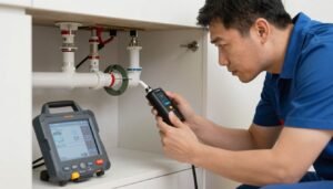 سباك محترف يفحص مشكلة سباكة معقدة في المنزل