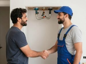 عميل راض يصافح فني صحي بعد إنجاز العمل بنجاح في الكويت