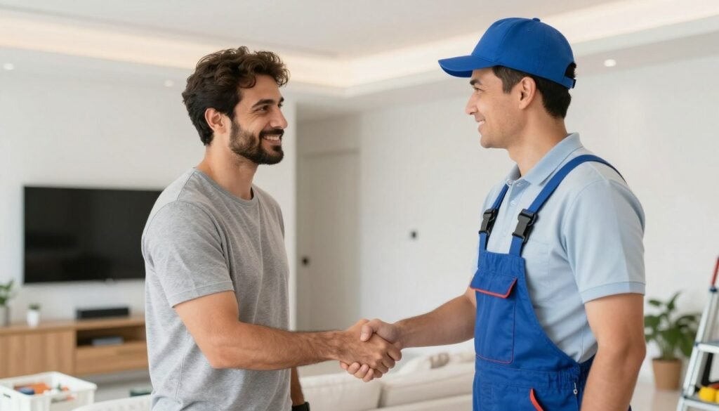 عميل راضٍ يصافح فني صحي بعد إتمام العمل بنجاح
