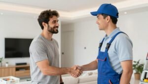 عميل راضٍ يصافح فني صحي بعد إتمام العمل بنجاح عميل راضٍ يصافح فني صحي بعد إتمام العمل بنجاح