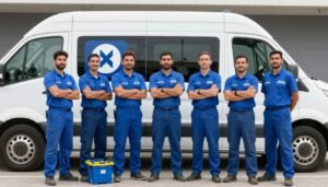 فريق من الفنيين الصحيين المحترفين مع معداتهم أمام شاحنة الخدمة فريق من الفنيين الصحيين المحترفين مع معداتهم أمام شاحنة الخدمة