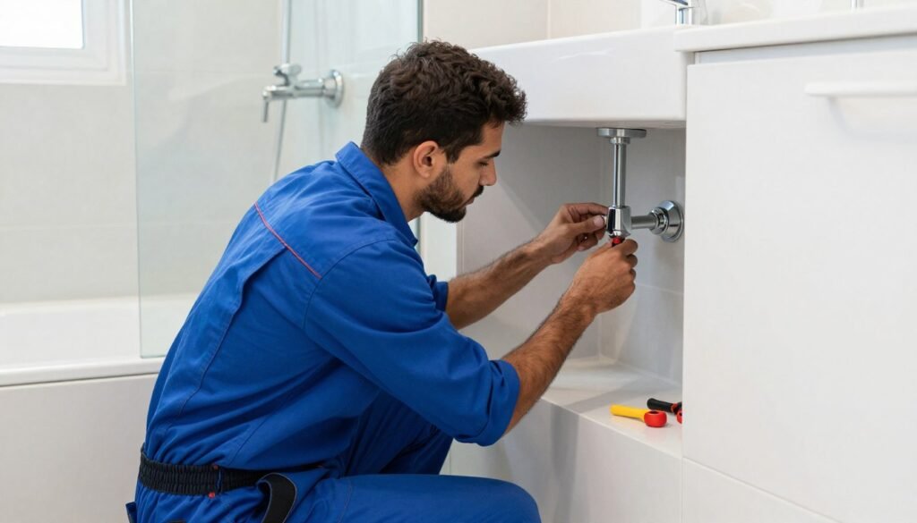 فني سباكة محترف الكويت يعمل على تركيب الأدوات الصحية