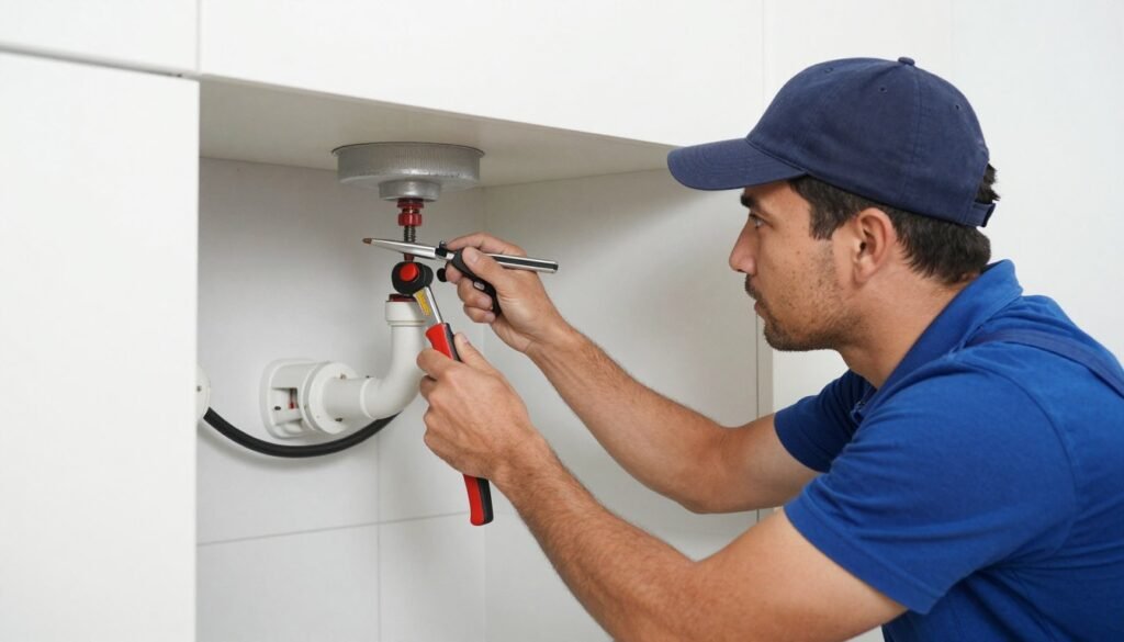 فني سباكة يقوم بأعمال الصيانة الطارئة