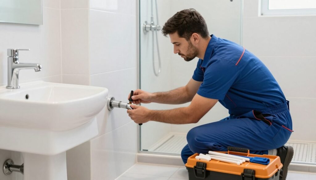فني سباكة يقوم بتركيب أدوات صحية حديثة