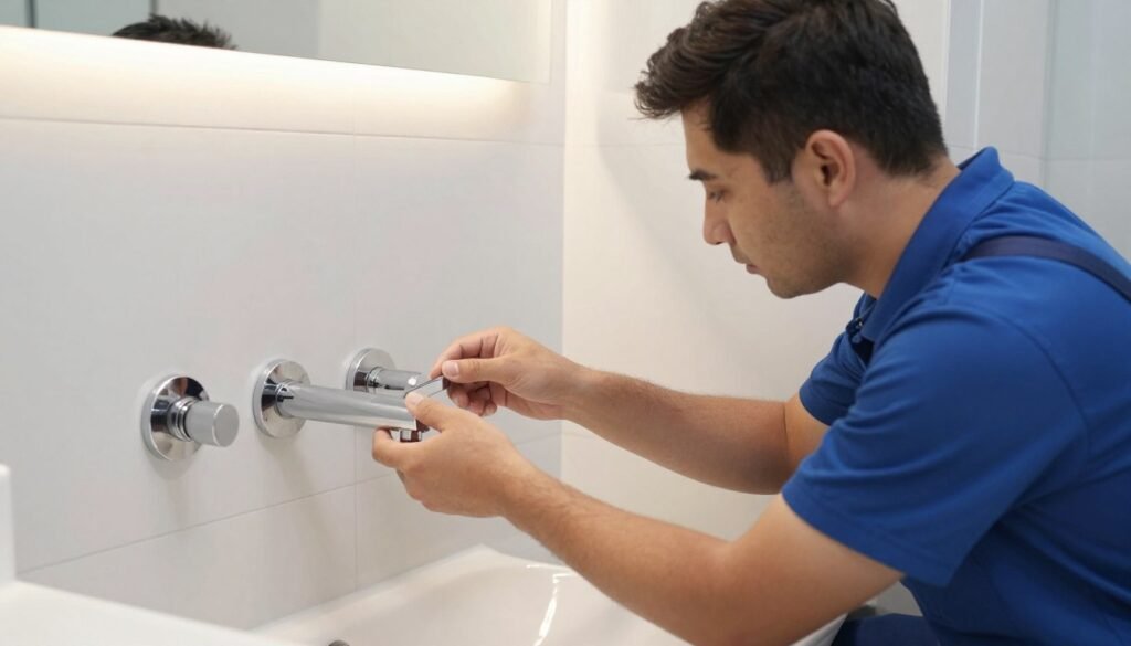 فني سباكة يقوم بتركيب الأدوات الصحية الحديثة في الحمام