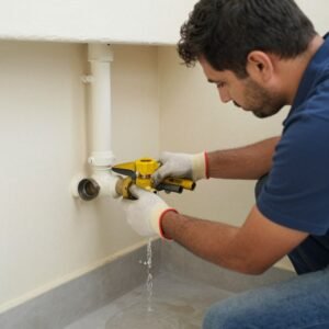 فني صحي الكويت يقوم بإصلاح تسرب أنابيب المياه