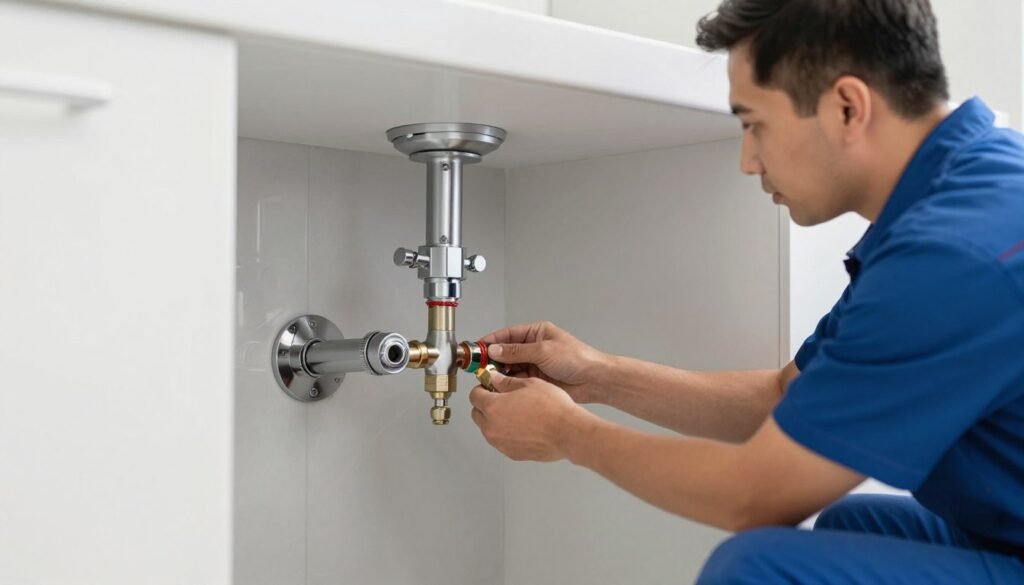 فني صحي يتفحص جودة عمله بدقة بعد إتمام التركيب