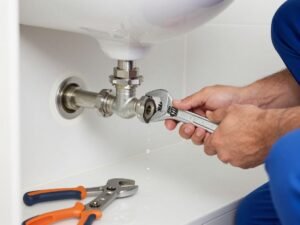 فني صحي يقوم بإصلاح تسرب مياه في أنابيب الحمام فني صحي يقوم بإصلاح تسرب مياه في أنابيب الحمام