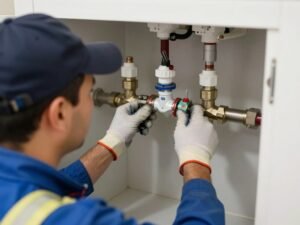 فني صحي يقوم بالصيانة الدورية لنظام السباكة في منزل بالكويت