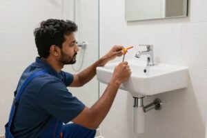 فني صحي يقوم بتركيب أدوات صحية حديثة