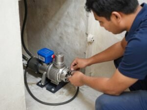 فني صحي يقوم بتركيب مضخة مياه في منزل بالكويت