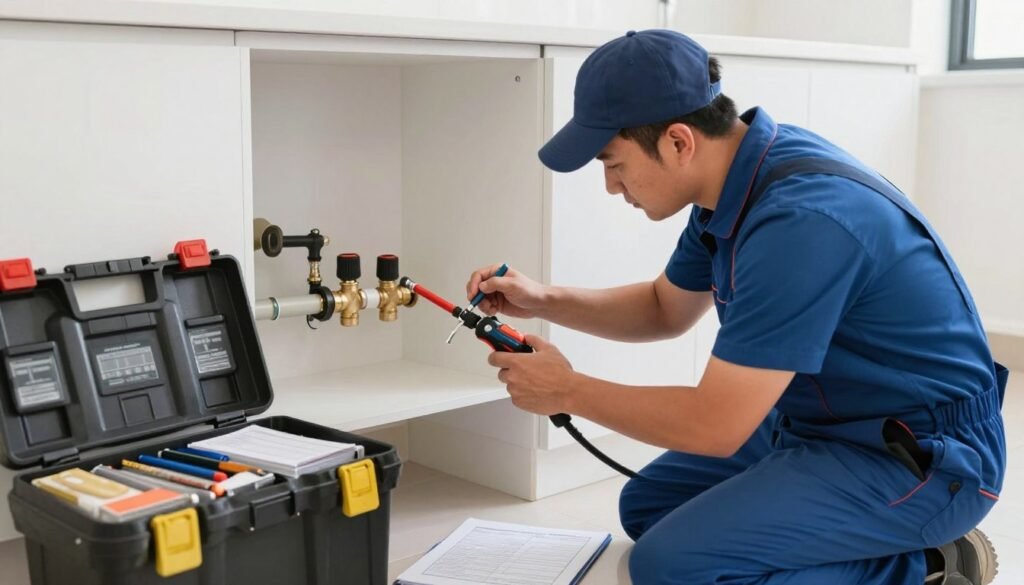 فني صحي يقوم بفحص دوري للأنابيب والتركيبات الصحية في منزل